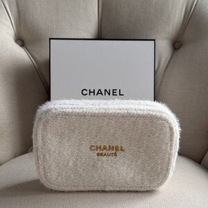 CHANEL Cream Bouclé Cosmetic Pouch with Gold Logo